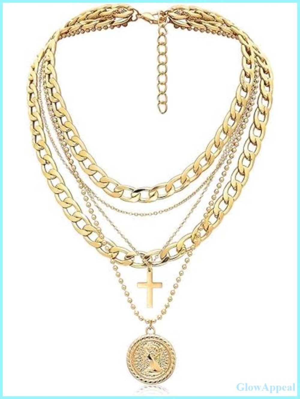 Layered Chain Necklace Cross Coin Pendants Gold-Tone Chunky Choker
